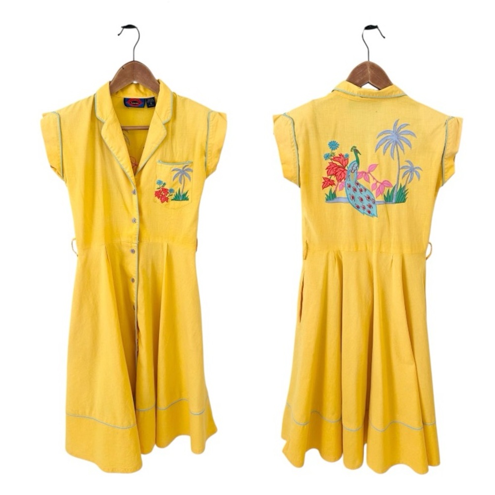 Vintage Yellow Embroidered Button-Up Dress